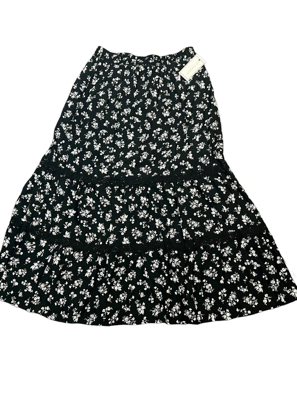 No Comment NWT Tiered Maxi Skirt Womens Large Black Floral Boho Skirt Cottage